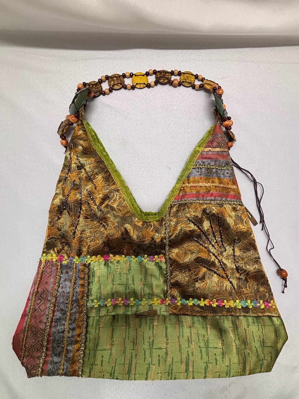 Boho Retro Shoulder Tote Handbag Zippered Compartments Metallic Trims Wood Beads